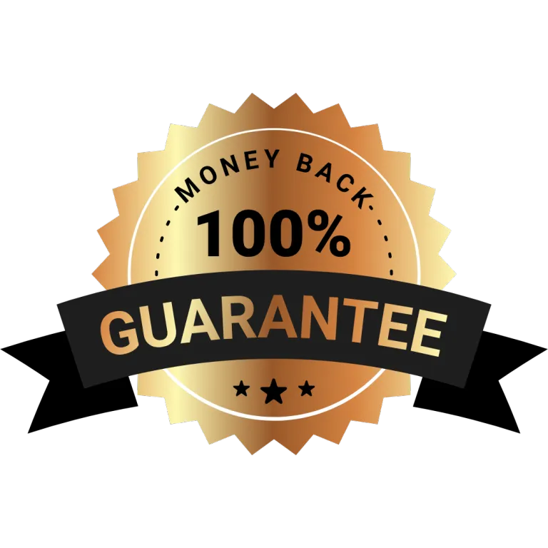 Gold money-back guarantee badge, black background.