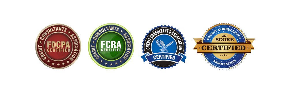 Four colorful certification badges on black background.
